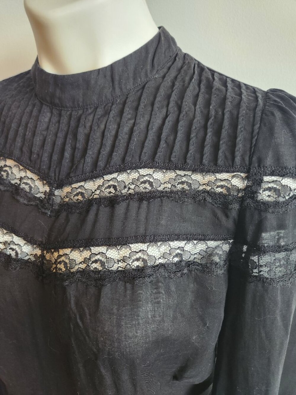Reformation Black Sheer Lace Inset Tencel Victorian Blouse L